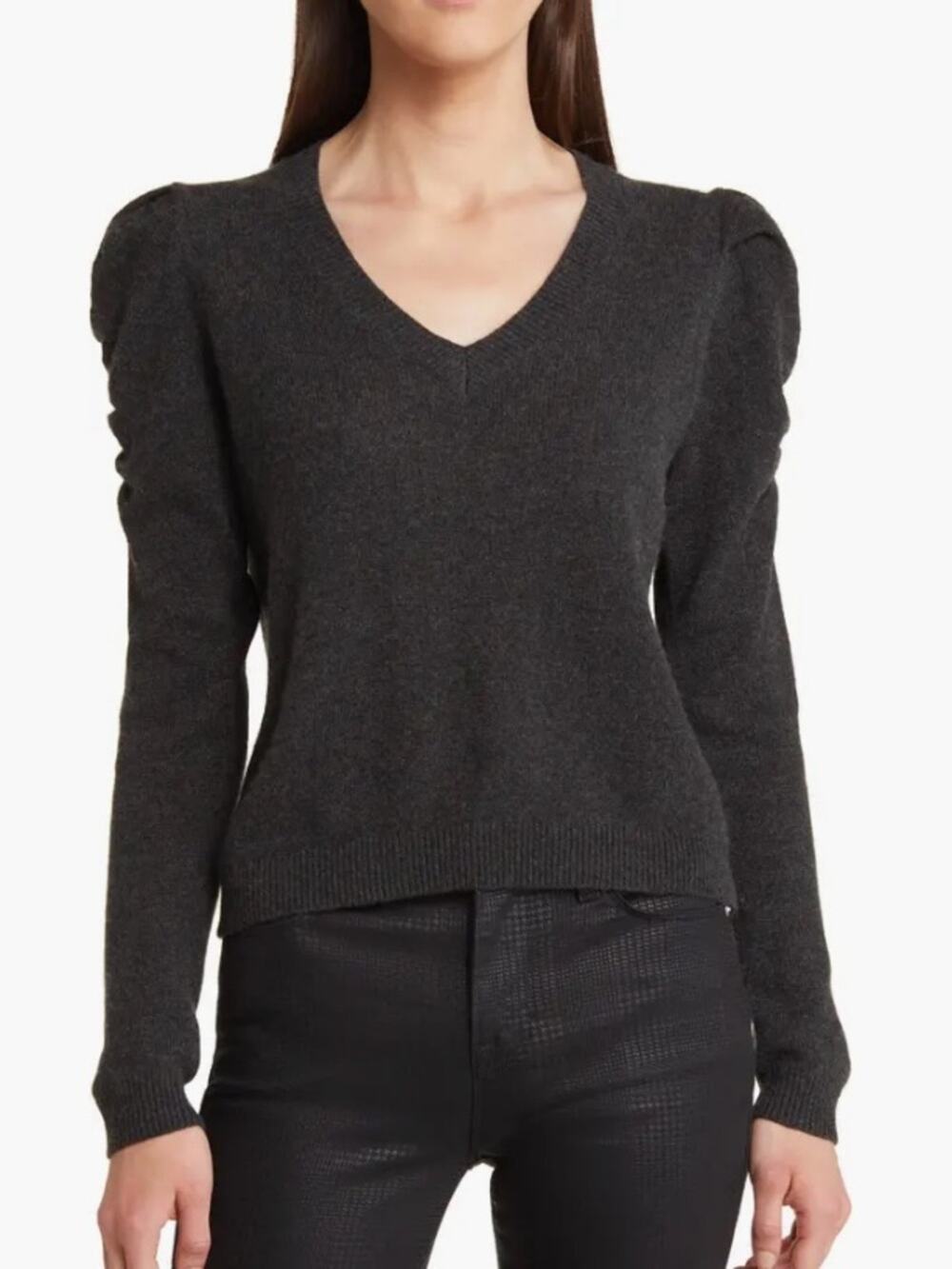 Frame Ruched Sleeve Cashmere V-Neck Sweater Charcoal Gray size XS